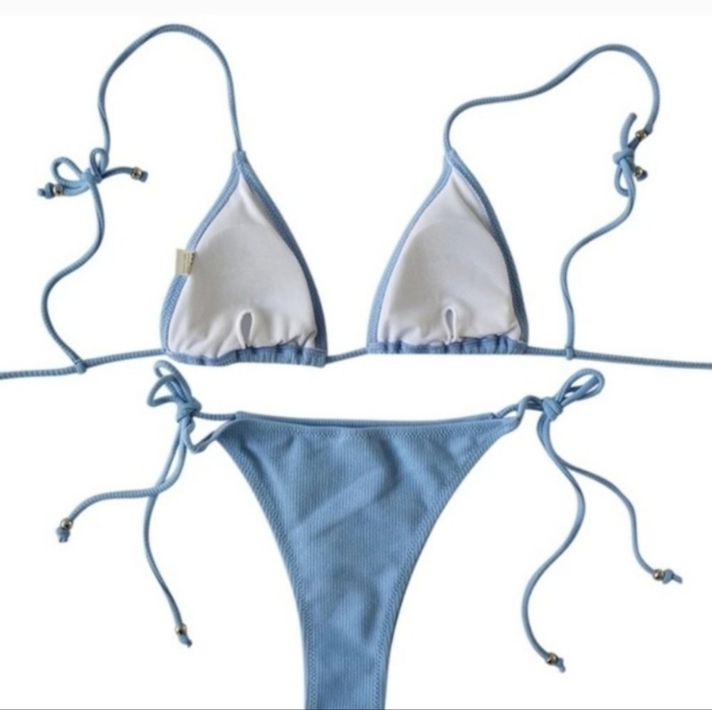New Blue Ribbed Tie Shoulder Tie Side Triangle Bikini Set Swimsuit Size L - Picture 5 of 5